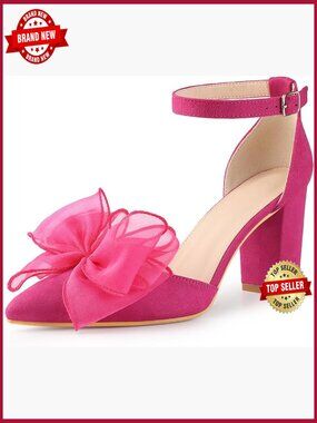 Closed Toe Chunky Heel Pumps with Bow and Ankle Strap
